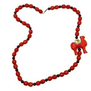 Vintage 90s Red Cinnabar Carved Camel Cloisonne Beaded Statement Necklace